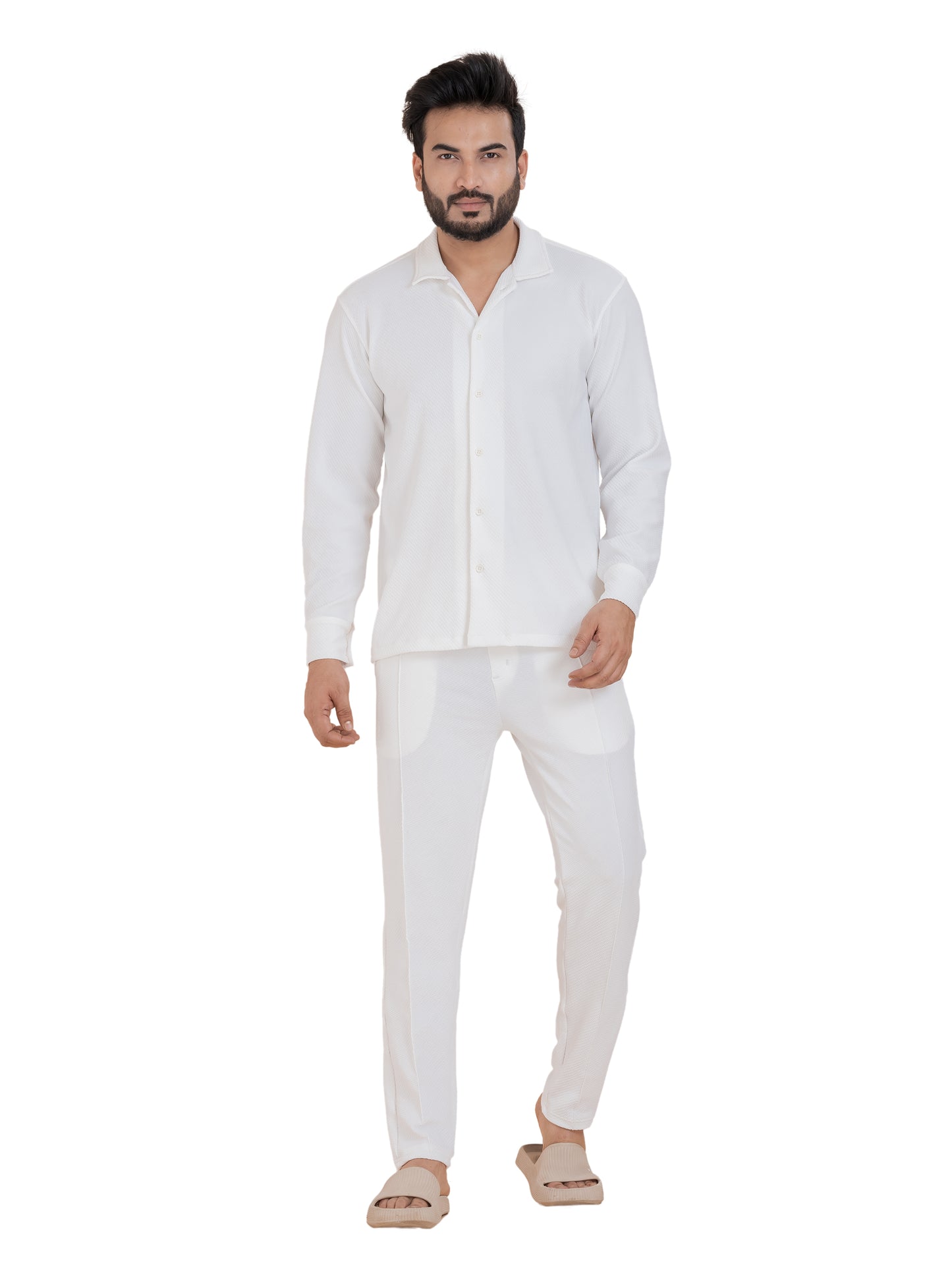 Zavrariq Men's Premium White Co-Ord Set – Full Sleeve Shirt & Jogger Pants