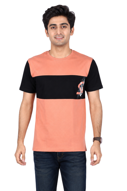 ZAVRARIQ Men's Color Block Cotton T-Shirt – Half Sleeve Round Neck | Peach & Black