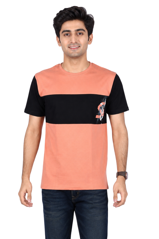 ZAVRARIQ Men's Color Block Cotton T-Shirt – Half Sleeve Round Neck | Peach & Black