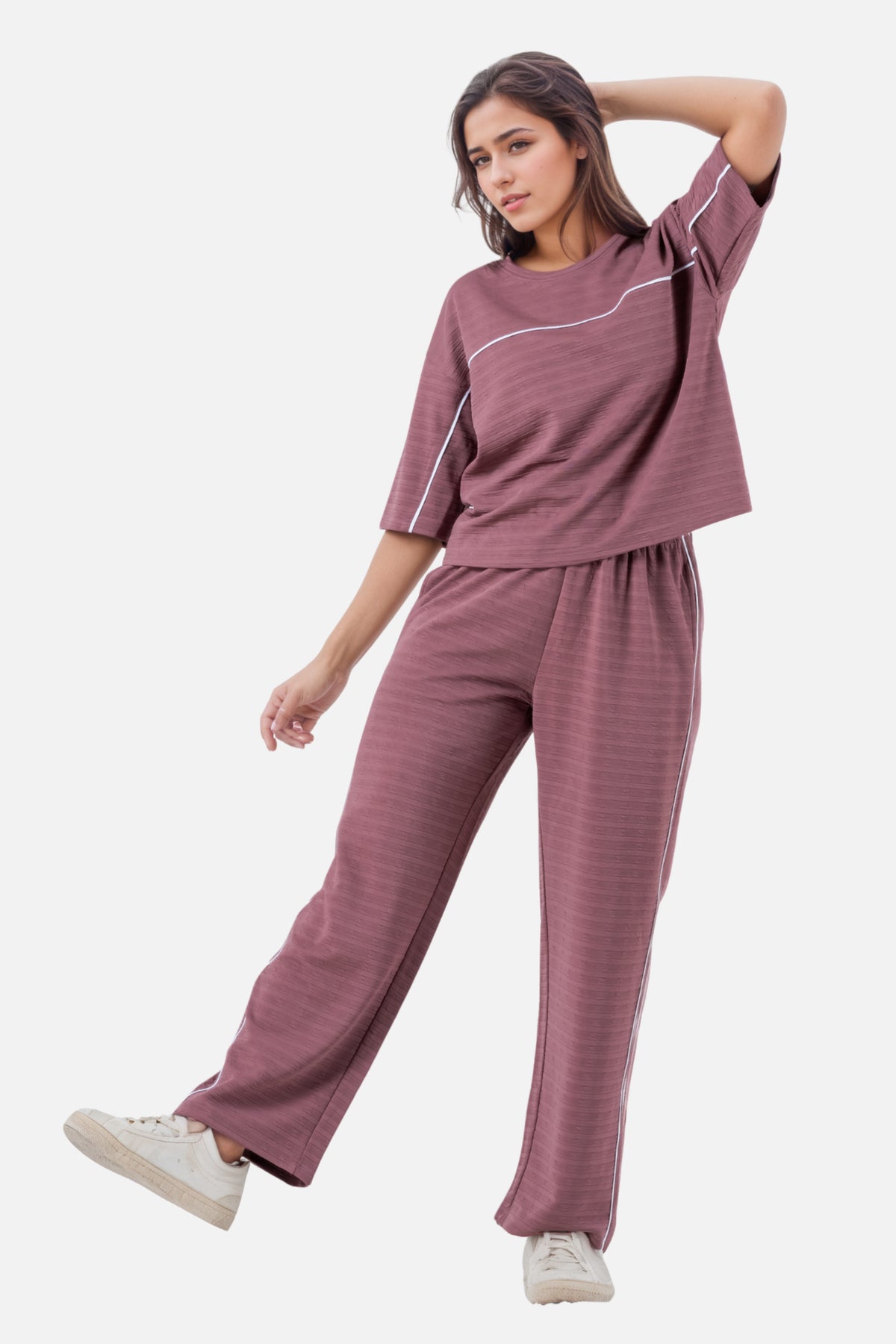 Zavrariq Women's Round Neck Oversized Crop Top & Wide Leg Pants Co-ord Set | Casual Lounge Wear