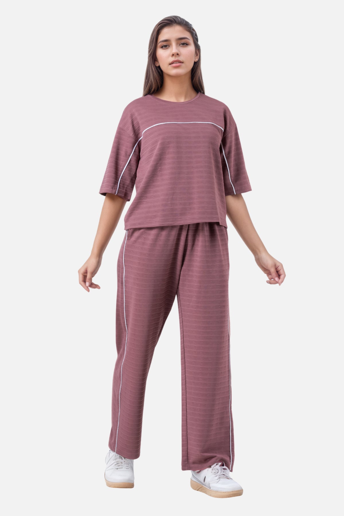 Zavrariq Women's Round Neck Oversized Crop Top & Wide Leg Pants Co-ord Set | Casual Lounge Wear