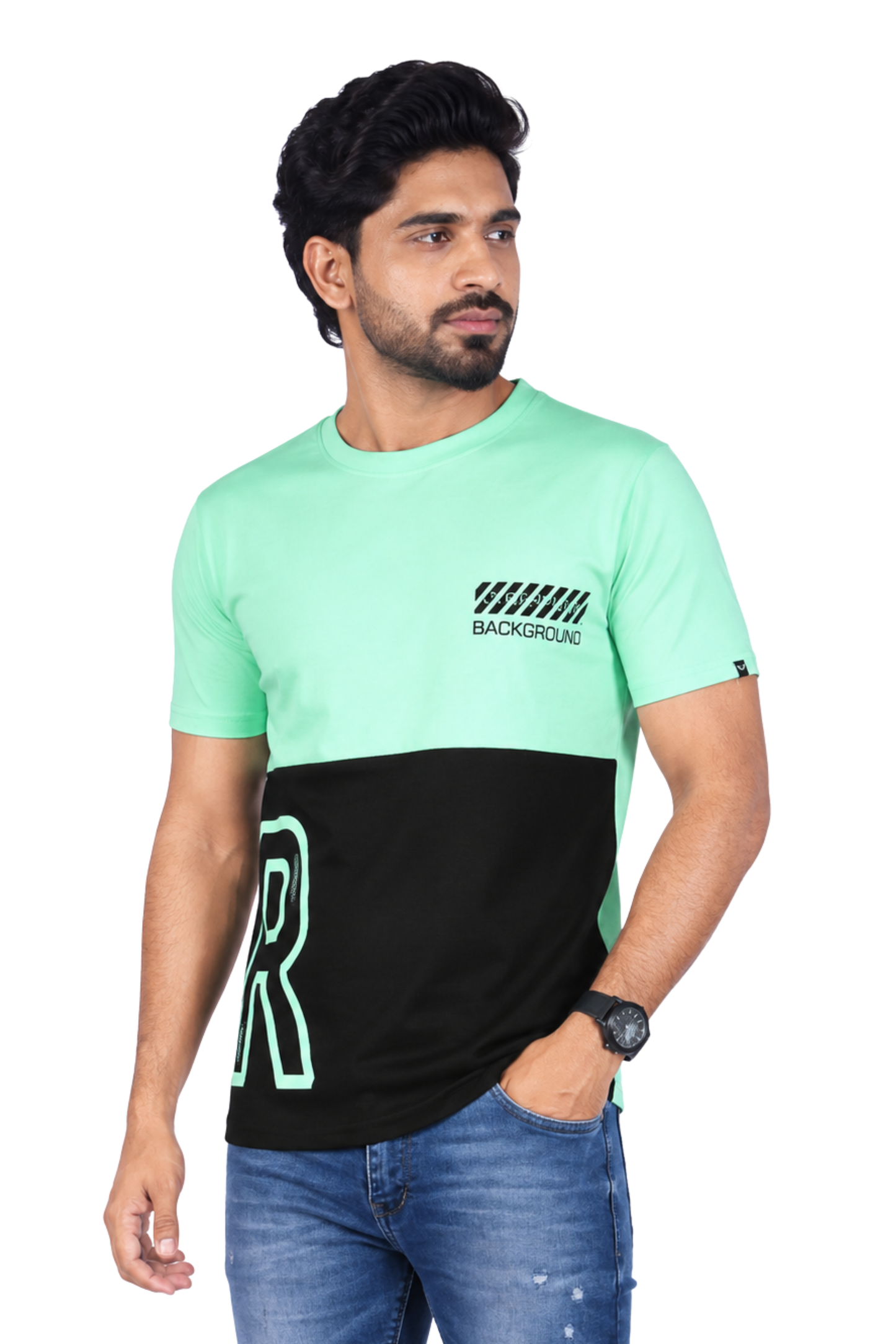 ZAVRARIQ Men's C Green Color Block Graphic Round Neck T-Shirt
