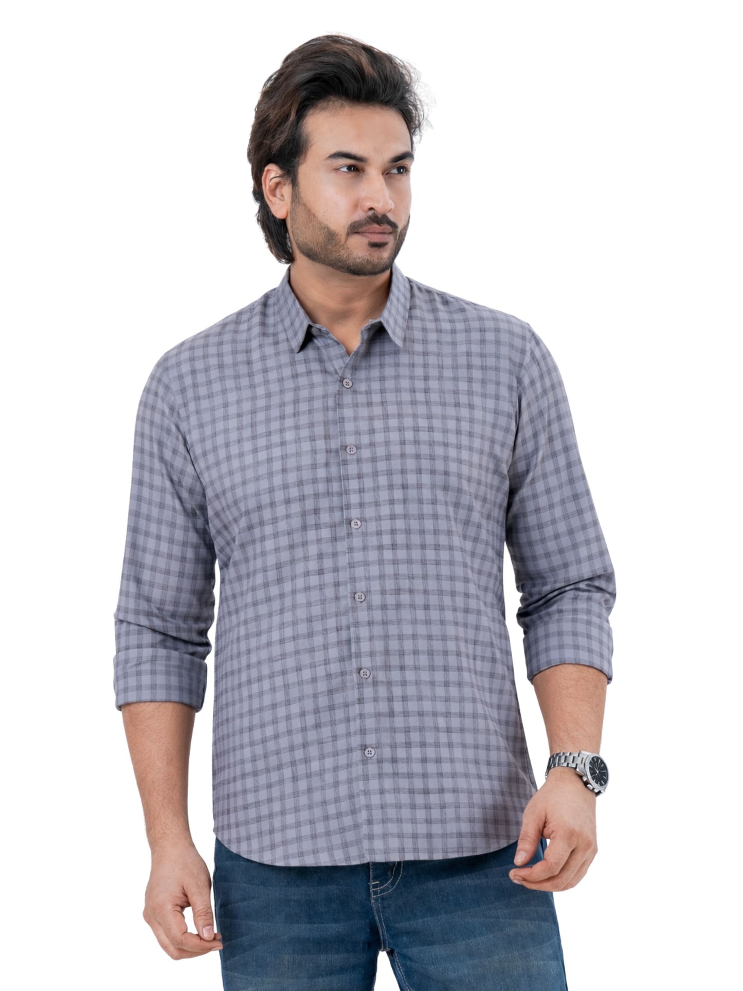 Men's Charcoal Checked Full Sleeve Casual Shirt | Regular Fit Cotton Blend | ZEVRARIQ