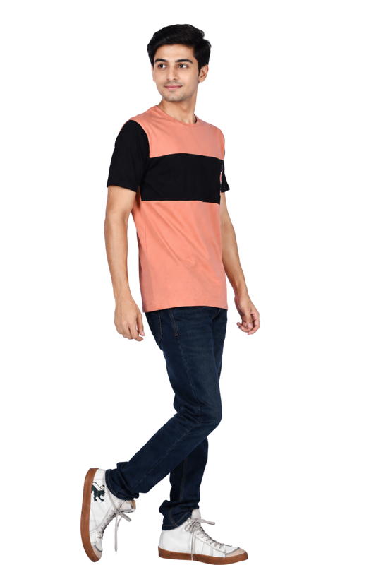 ZAVRARIQ Men's Color Block Cotton T-Shirt – Half Sleeve Round Neck | Peach & Black