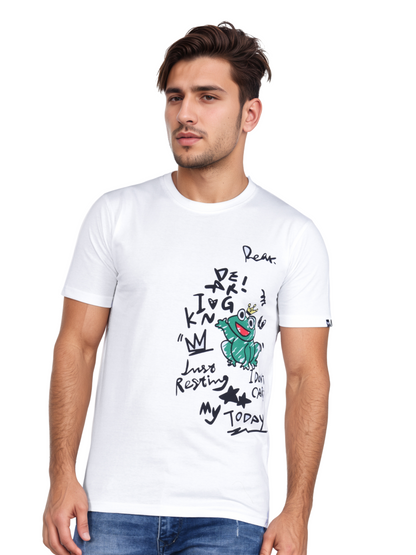 Men's White Graphic Printed Cotton T-Shirt | Premium Casual Round Neck Half Sleeve Tee