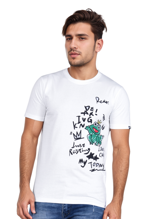 Men's White Graphic Printed Cotton T-Shirt | Premium Casual Round Neck Half Sleeve Tee