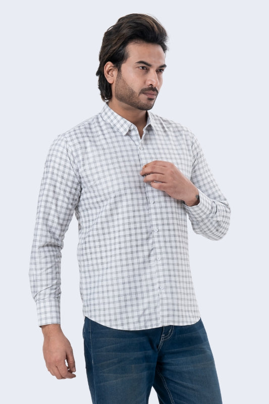 Men's White Checked Full Sleeve Casual Shirt | Regular Fit Cotton Blend | ZEVRARIQ