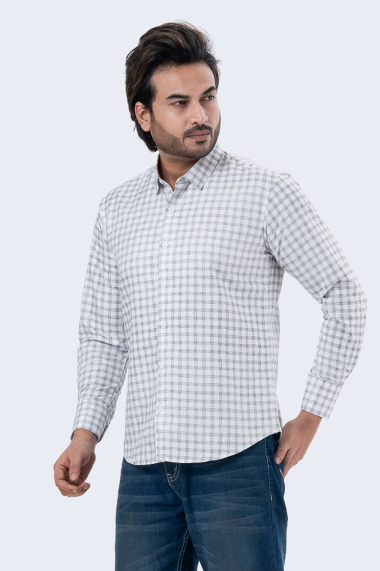 Men's White Checked Full Sleeve Casual Shirt | Regular Fit Cotton Blend | ZEVRARIQ