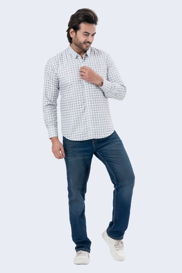 Men's White Checked Full Sleeve Casual Shirt | Regular Fit Cotton Blend | ZEVRARIQ