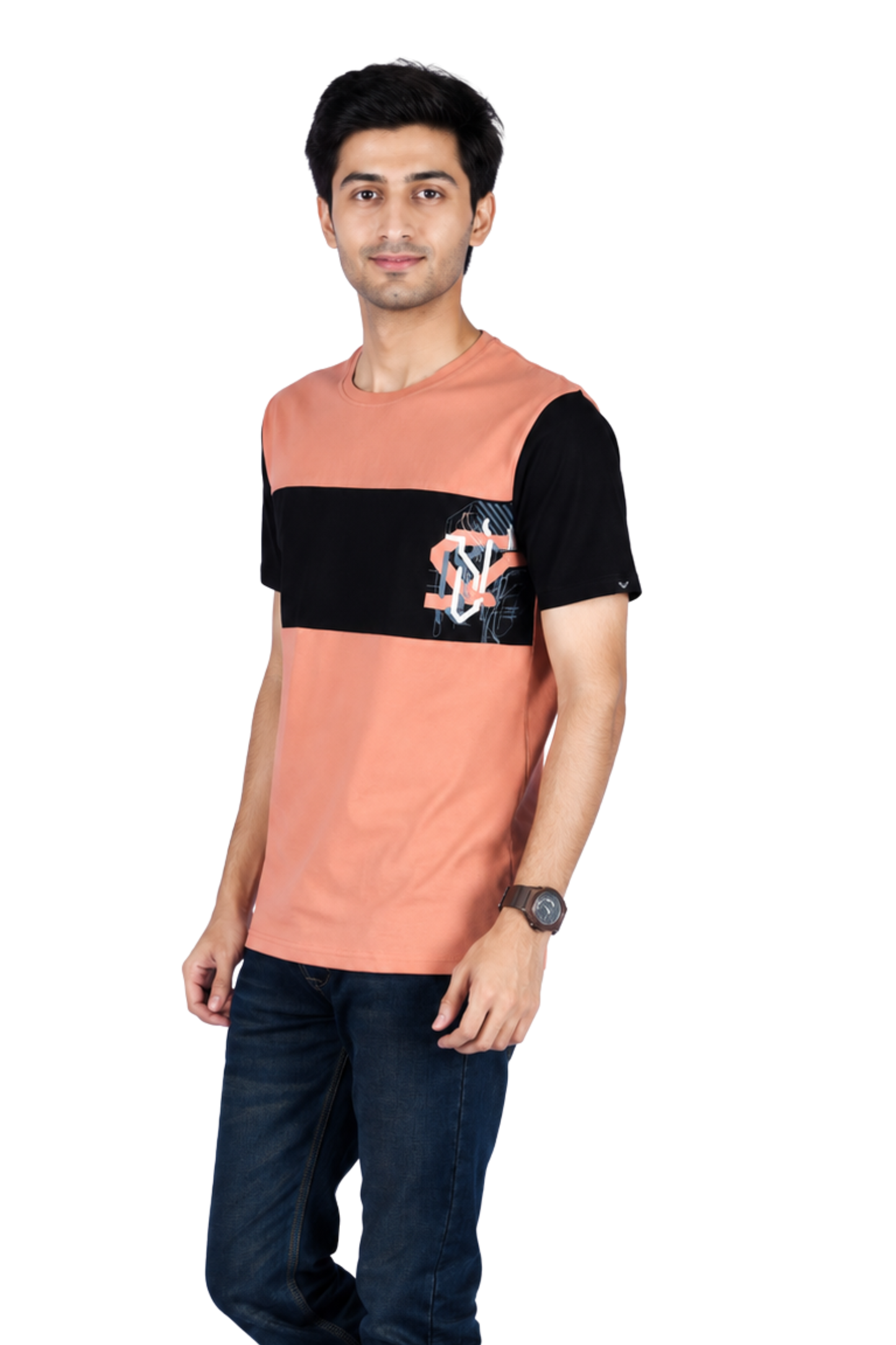 ZAVRARIQ Men's Color Block Cotton T-Shirt – Half Sleeve Round Neck | Peach & Black