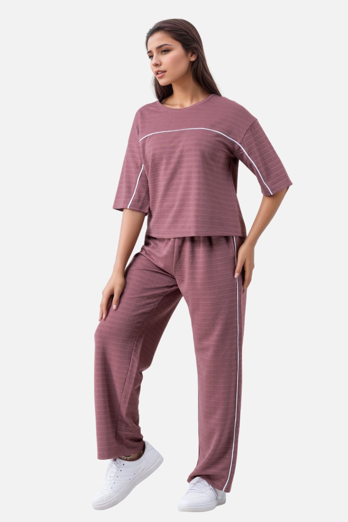 Zavrariq Women's Round Neck Oversized Crop Top & Wide Leg Pants Co-ord Set | Casual Lounge Wear