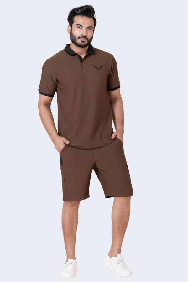 ZAVRARIQ Men's Premium Polo T-Shirt & Shorts Co-Ord Set – Polyester | Coffee Brown