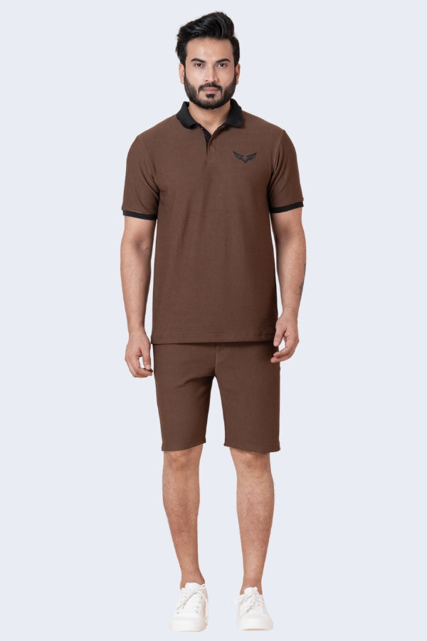 ZAVRARIQ Men's Premium Polo T-Shirt & Shorts Co-Ord Set – Polyester | Coffee Brown
