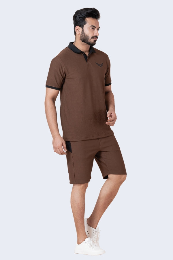 ZAVRARIQ Men's Premium Polo T-Shirt & Shorts Co-Ord Set – Polyester | Coffee Brown