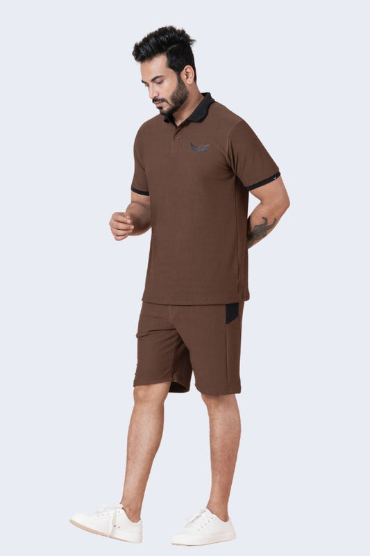 ZAVRARIQ Men's Premium Polo T-Shirt & Shorts Co-Ord Set – Polyester | Coffee Brown