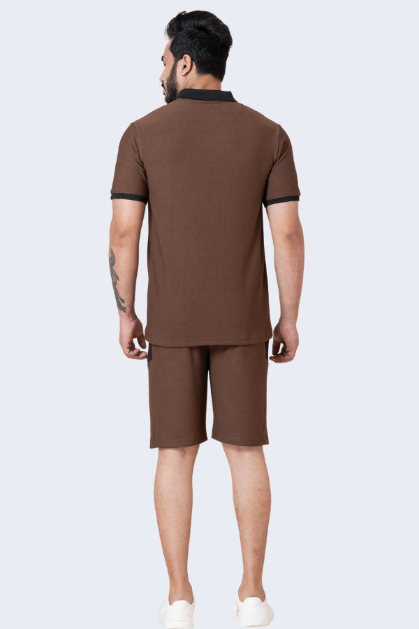 ZAVRARIQ Men's Premium Polo T-Shirt & Shorts Co-Ord Set – Polyester | Coffee Brown