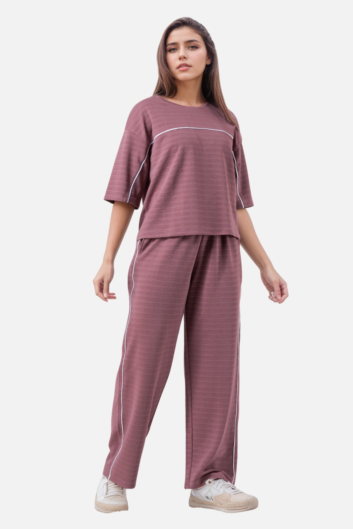 Zavrariq Women's Round Neck Oversized Crop Top & Wide Leg Pants Co-ord Set | Casual Lounge Wear