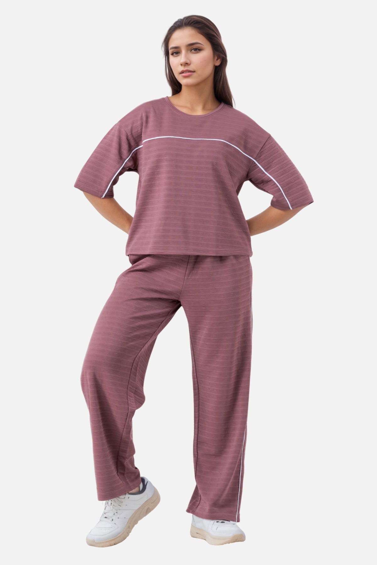 Zavrariq Women's Round Neck Oversized Crop Top & Wide Leg Pants Co-ord Set | Casual Lounge Wear