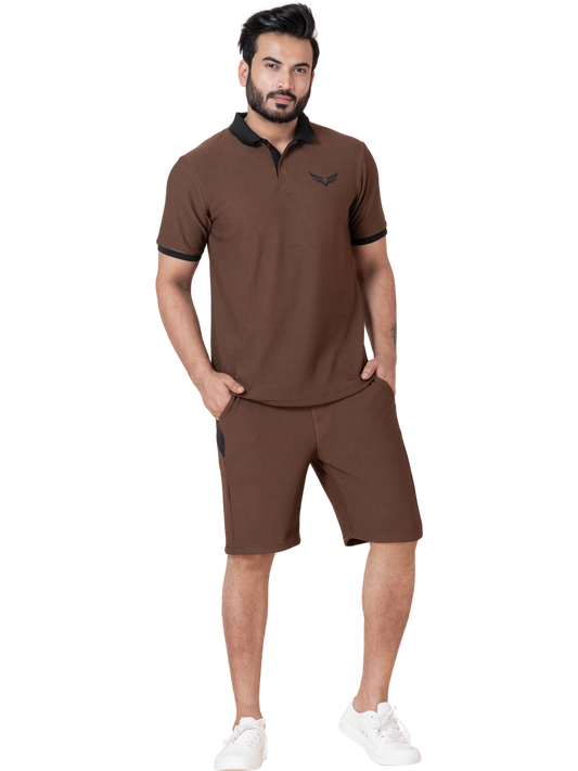 ZAVRARIQ Men's Premium Polo T-Shirt & Shorts Co-Ord Set – Polyester | Coffee Brown