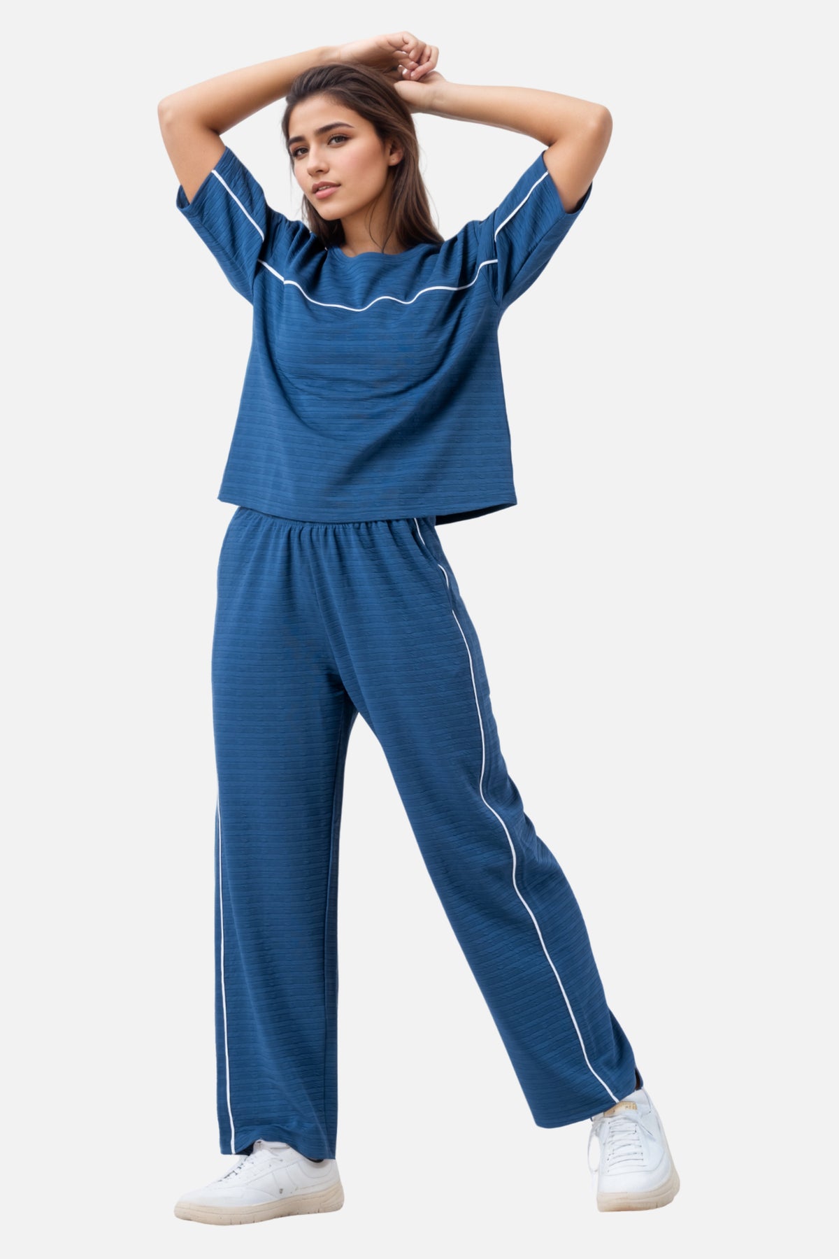 Zavrariq Women's Blue Round Neck Oversized Crop Top & Wide Leg Pants Co-ord Set