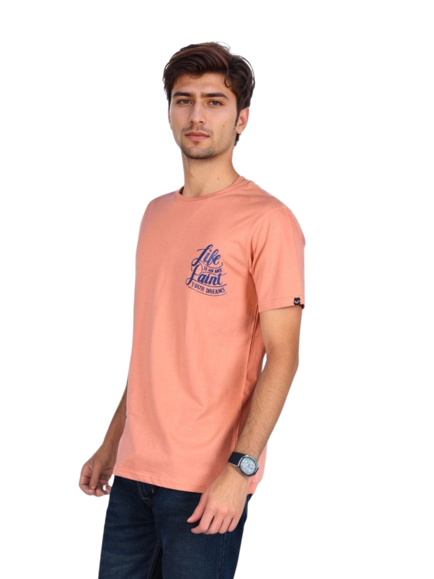 Men's Peach Cotton Graphic T-Shirt | Casual Half Sleeve Round Neck Tee