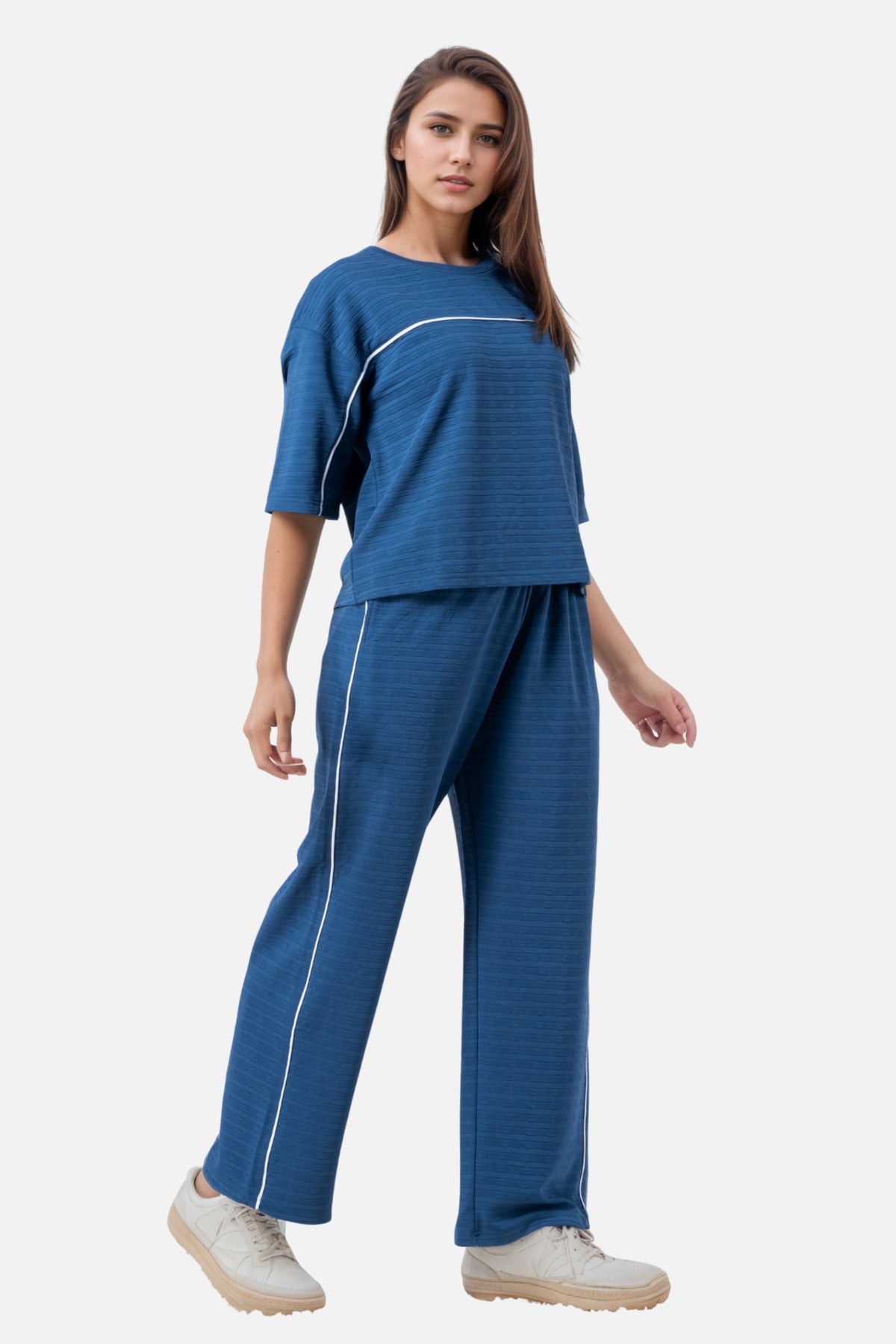 Zavrariq Women's Blue Round Neck Oversized Crop Top & Wide Leg Pants Co-ord Set