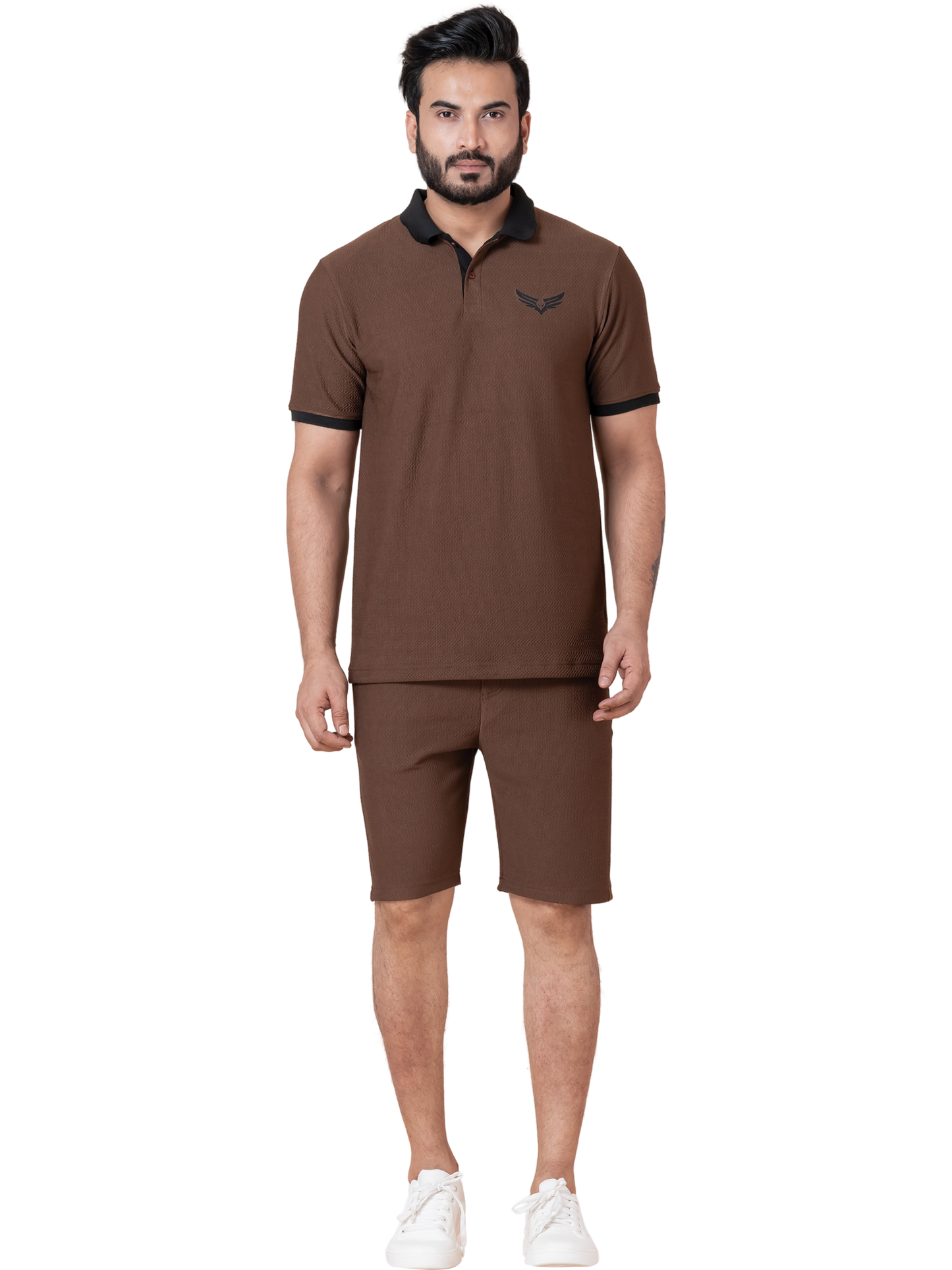 ZAVRARIQ Men's Premium Polo T-Shirt & Shorts Co-Ord Set – Polyester | Coffee Brown