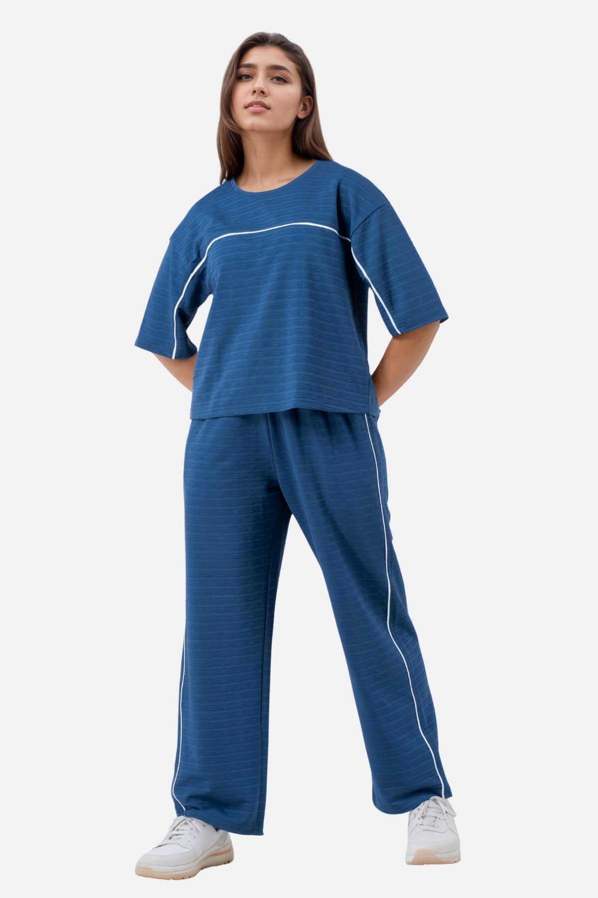Zavrariq Women's Blue Round Neck Oversized Crop Top & Wide Leg Pants Co-ord Set