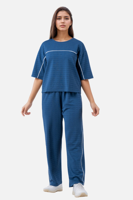 Zavrariq Women's Blue Round Neck Oversized Crop Top & Wide Leg Pants Co-ord Set
