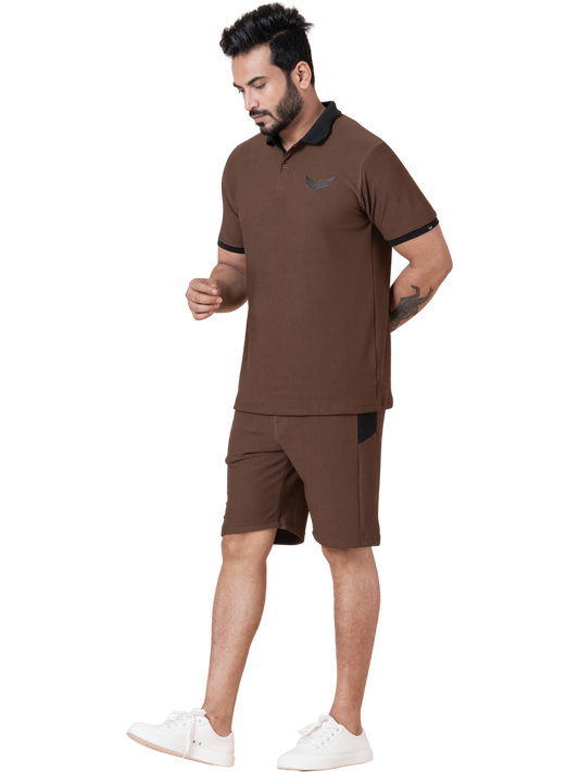 ZAVRARIQ Men's Premium Polo T-Shirt & Shorts Co-Ord Set – Polyester | Coffee Brown